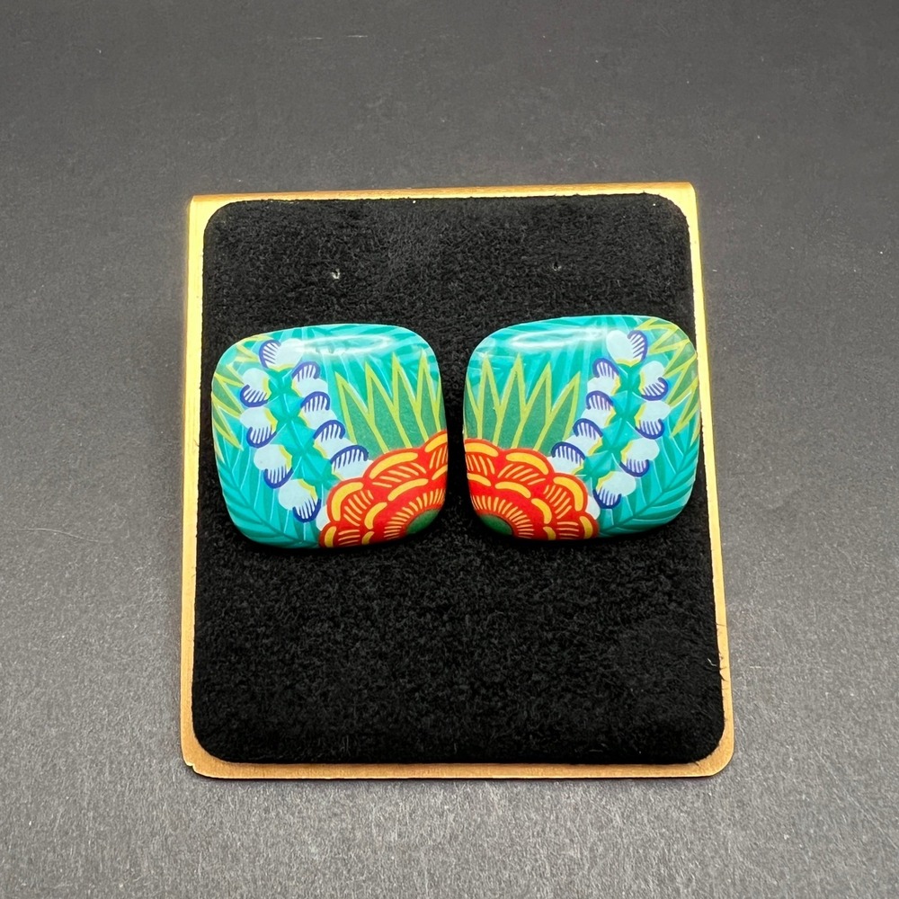 Tropical Stud Earrings Turquoise Resin Floral Square Botanical Beachy